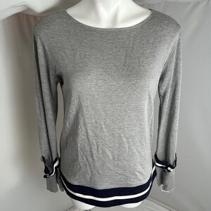Bailey 44 gray knit top with navy and white striped detail on cuffs and hem
